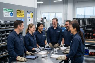 Groupe de travailleurs en uniforme dans une usine moderne