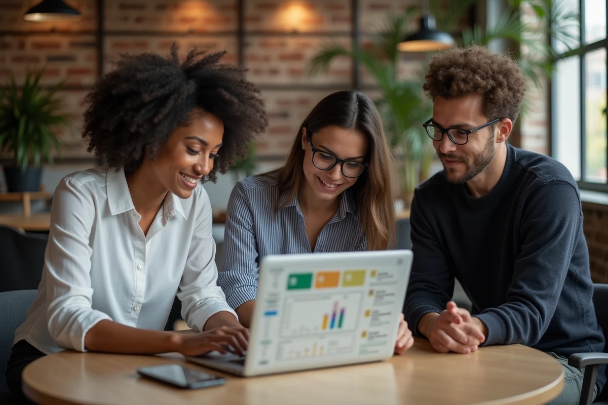 Équipe de managers collaborant autour d'un ordinateur portable affichant l'intranet Inetum dans un espace de travail moderne