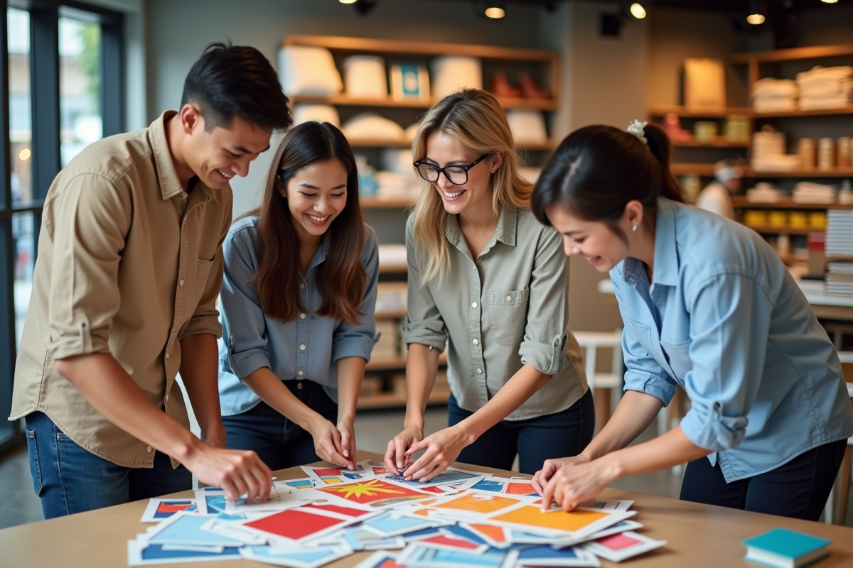 Groupe de collègues préparant des affichages promotionnels
