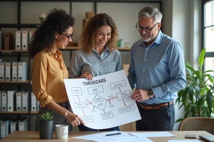 Groupe de professionnels analysant un fluxogramme dans un bureau moderne