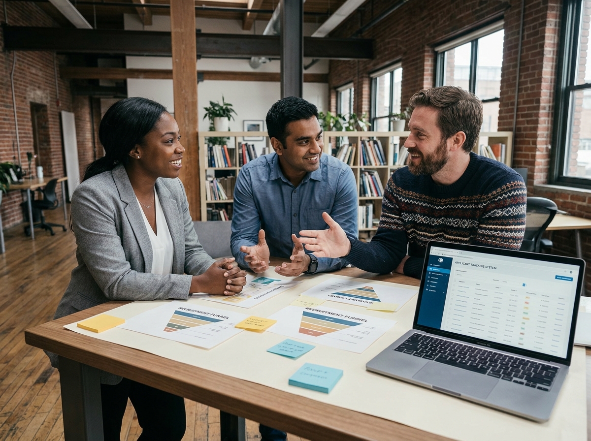 Équipe de recruteurs planifiant la création d'un site carrière autour d'une table de réunion dans un espace de coworking
