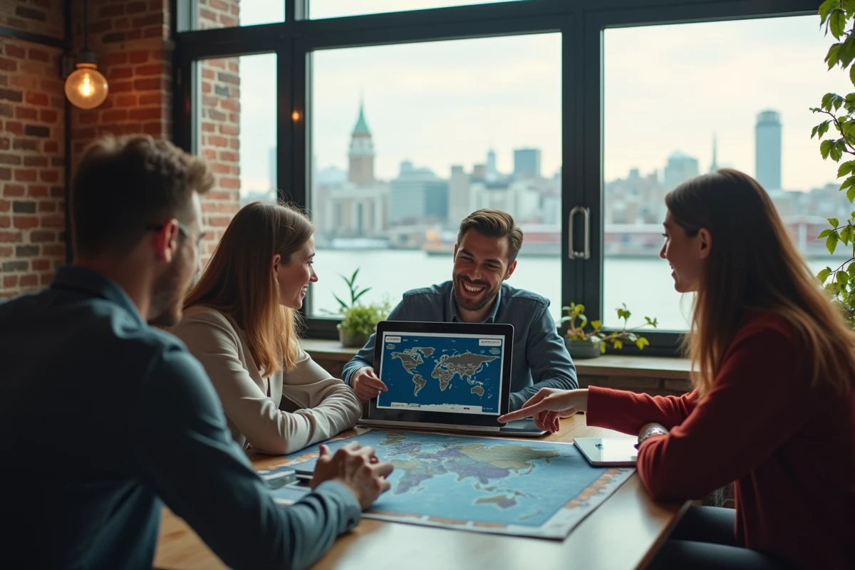 Équipe internationale analysant une stratégie d'expansion commerciale dans l'industrie nautique avec des cartes de routes maritimes et des tableaux de bord de ventes, dans un espace de travail moderne en bord de mer