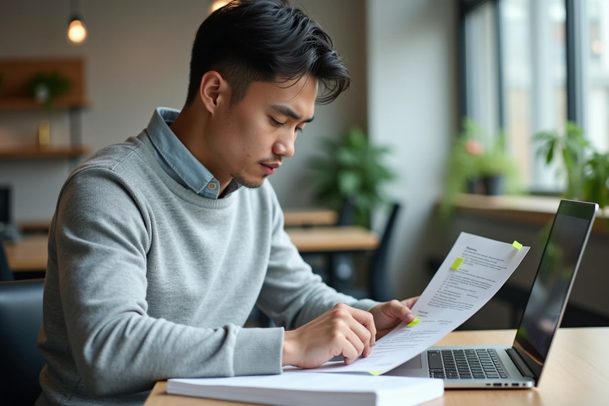 Jeune professionnel étudiant le vocabulaire anglais des affaires autour des termes sponsor et sponsorship dans un espace de coworking