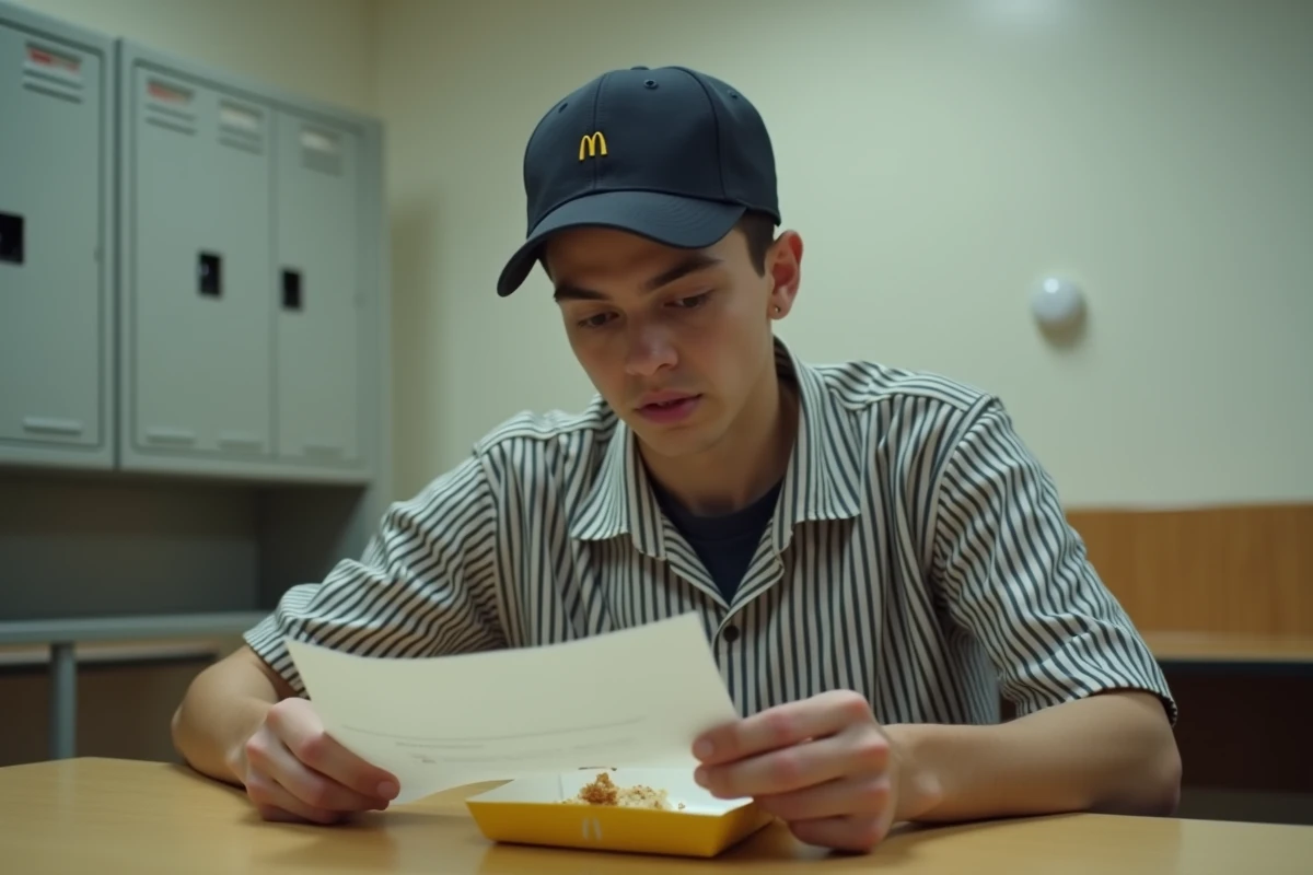 Étudiant employé McDonald's consultant sa fiche de paie pendant une pause en salle de repos