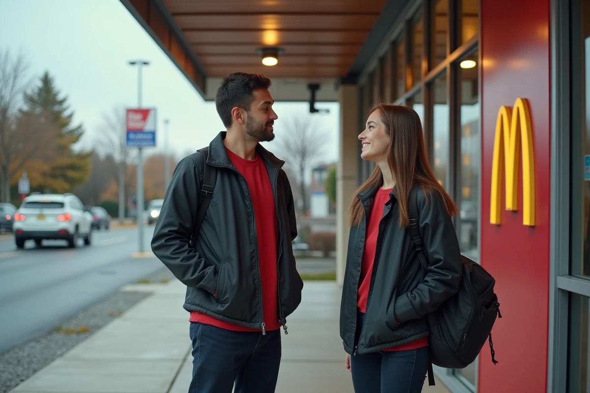 Deux étudiants employés McDonald's en uniforme discutant devant l'entrée du restaurant après leur service