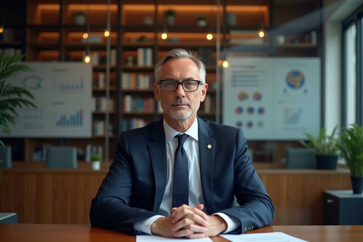 Homme executif en bureau avec livres et graphiques