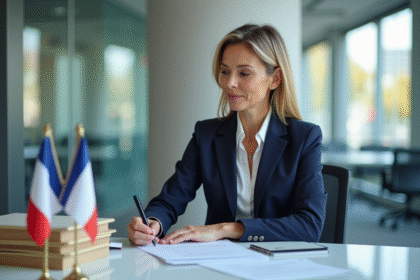 Femme d'affaires française en blazer navy dans un bureau moderne