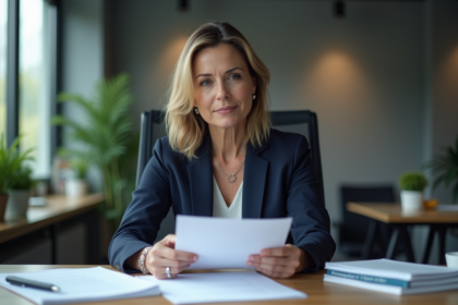 Femme d affaires en costume bleu examine des documents