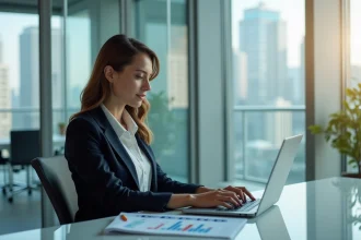 Femme d'affaires regardant des graphiques numériques sur son ordinateur