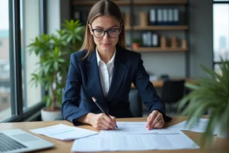 Femme d'affaires organisant des reçus de voyage dans un bureau moderne