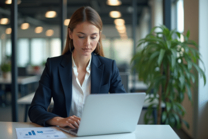 Femme d'affaires en réunion avec rapport numérique