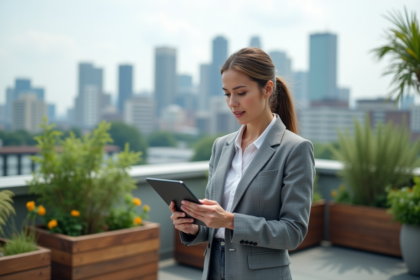 Femme d'affaires en costume gris sur un toit vert