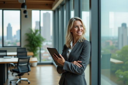 Femme d affaires souriante avec tablette dans un espace moderne