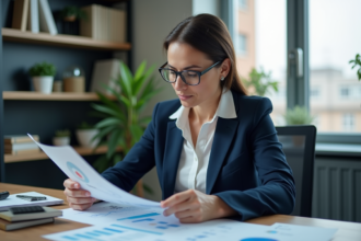 Femme d'âge moyen avec lunettes analysant des graphiques au bureau