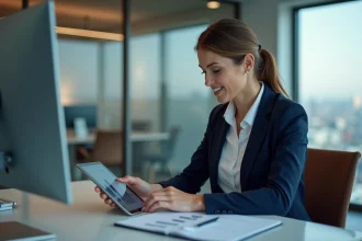 Femme professionnelle utilisant une tablette dans un bureau moderne