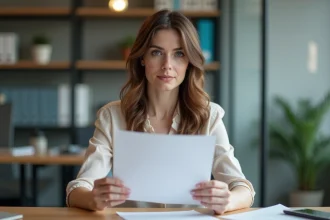 Femme au bureau tenant un document avec confiance