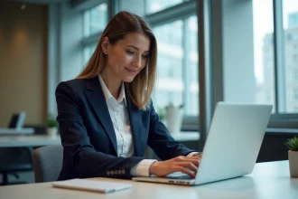 Femme d'affaires en train de saisir ses identifiants dans un bureau moderne