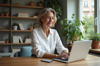 Femme travaillant sur son ordinateur dans un intérieur cosy