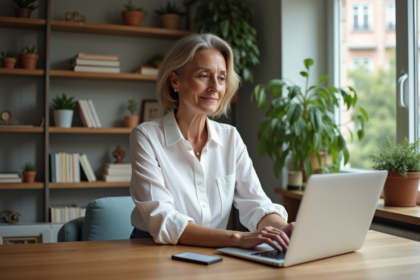 Femme travaillant sur son ordinateur dans un intérieur cosy