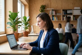 Femme en blazer bleu mettant à jour son CV sur un ordinateur