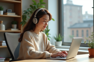 Femme avec casque dans un bureau lumineux et moderne