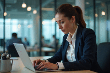 Femme d affaires concentrée sur son ordinateur dans un bureau moderne