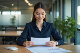 Jeune femme professionnelle au bureau en train de revoir une fiche de temps