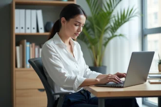 Femme au bureau vérifiant des paiements numériques sur son ordinateur