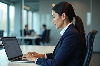 Femme professionnelle consultant un document RGPD sur son ordinateur portable dans un bureau moderne