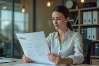 Femme au bureau regardant un document salaire