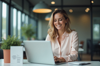 Femme professionnelle souriante utilisant un ordinateur portable au bureau