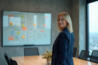 Femme cadre devant un tableau blanc avec une matrice stratégique McKinsey et des notes colorées dans une salle de réunion moderne