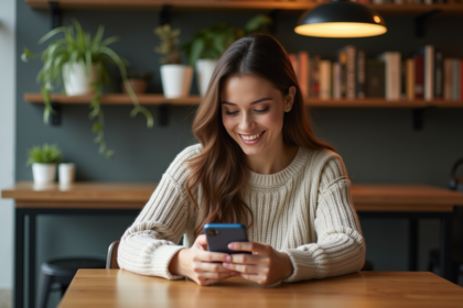 Femme détendue dans un café moderne utilisant son smartphone