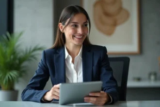 Jeune femme confiante en costume dans un bureau moderne
