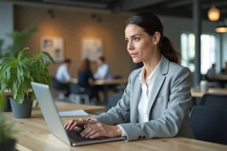 Femme consultant son compte MyPeopleDoc sur un ordinateur portable dans un bureau moderne pour retrouver un bulletin de salaire