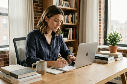 Femme consultant un blog sur son ordinateur portable tout en prenant des notes dans un carnet, dans un bureau moderne et chaleureux