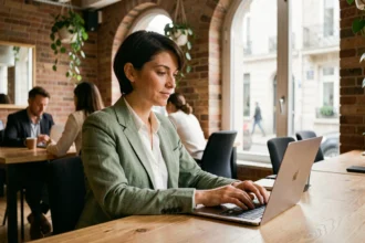 Femme travaillant dans un espace de coworking à Blois avec murs en briques et grandes fenêtres
