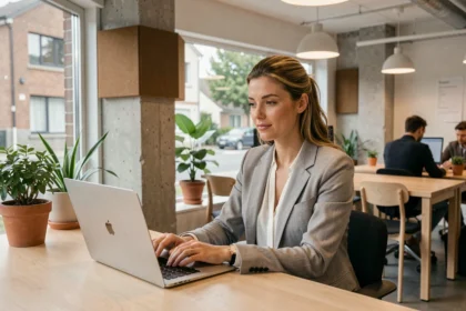 Femme travaillant dans un espace de coworking moderne à Clamart avec des plantes et une ambiance épurée