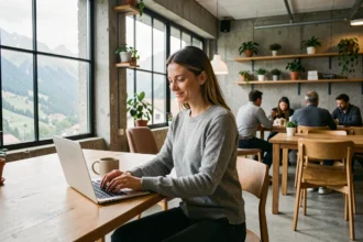 Femme travaillant dans un espace de coworking moderne à Gap avec vue sur les montagnes