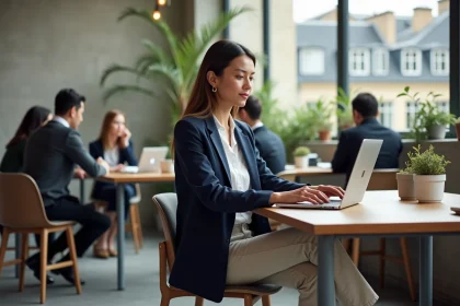 Femme professionnelle travaillant dans un espace de co-working nomade à Paris en 2026, illustration du concept Nomade Ville de Paris