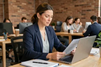 Femme en blazer marine travaillant dans un espace de coworking, comparant des documents sur portage salarial et auto-entrepreneur
