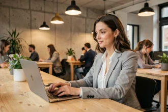Femme travaillant dans un espace de coworking moderne à Villeurbanne, assise à un bureau partagé en bois avec un ordinateur portable