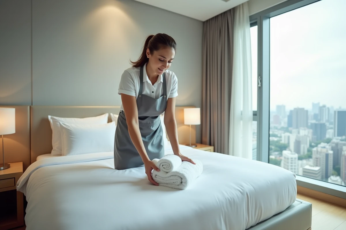 Femme de chambre en uniforme déposant des serviettes sur un lit d'hôtel lors de sa tournée de ménage