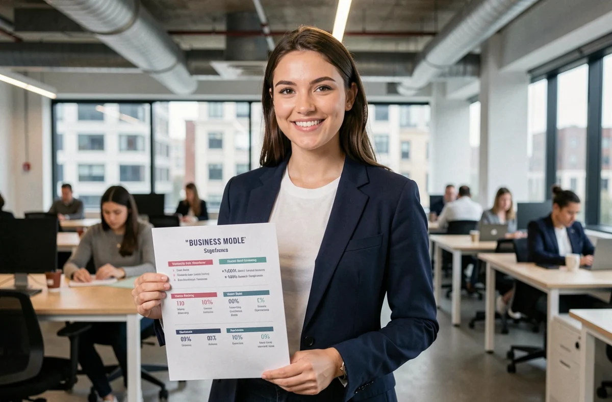 Femme entrepreneur tenant un graphique comparatif de modèles de business en ligne dans un espace de coworking urbain