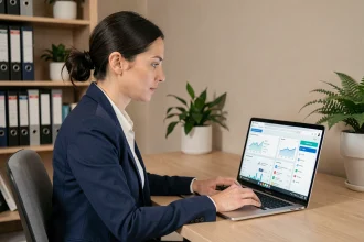 Femme entrepreneur gérant son compte Urssaf en ligne depuis son bureau à domicile sur un ordinateur portable