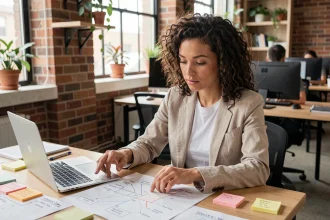 Jeune femme entrepreneur dans un espace de coworking analysant un plan de démarrage d'entreprise avec des notes et un ordinateur portable