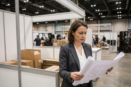 Femme en blazer examinant un plan d'exposition