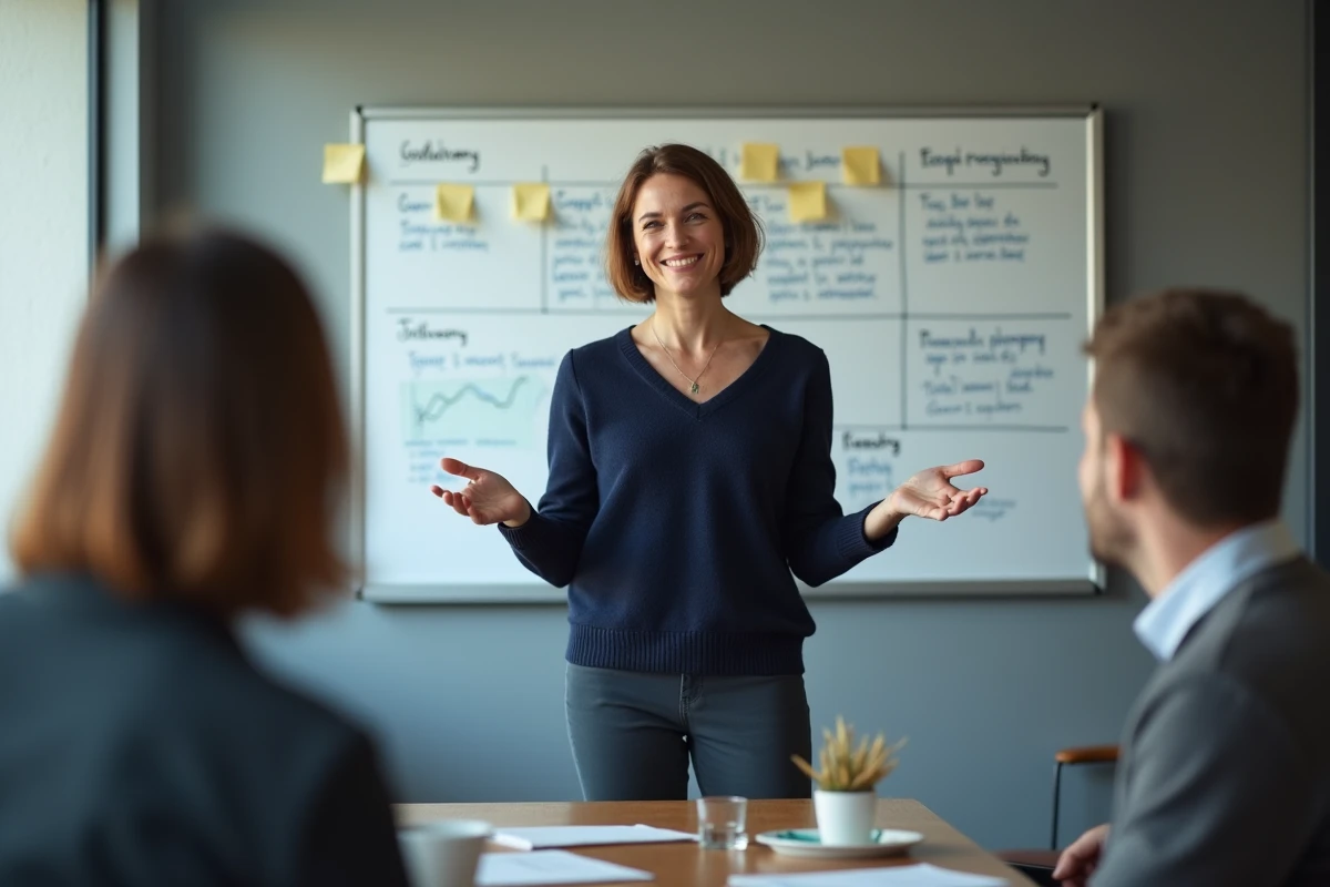 Femme souriante expliquant un diagramme à un groupe