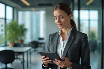 Femme en costume professionnel analysant des graphiques en ville