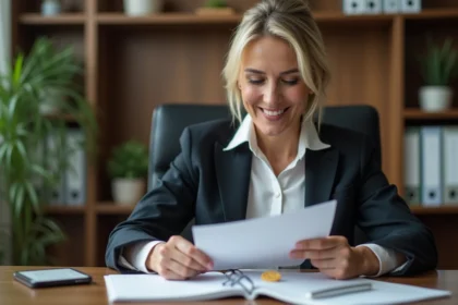 Femme d'affaires souriante tenant une médaille et un certificat